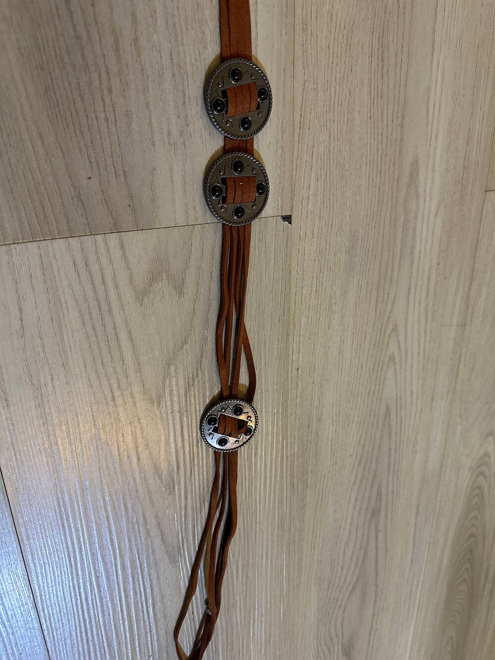 Vintage Western Concho Belt Brown Suede Leather Tie Cord Multi Medallion